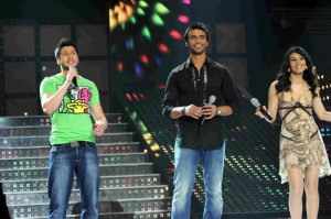 picture on April 9th 2010 from the 8th prime of Star Academy seven of Rayan Eid from Lebanon with the other two nominees Tahra from Morocco and Mohamad Moghrabi from Egypt