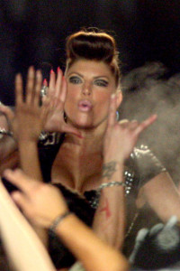 Fergie picture on April 19th 2010 while shooting a video in Downtown Los Angeles for the Grammy nomination 4