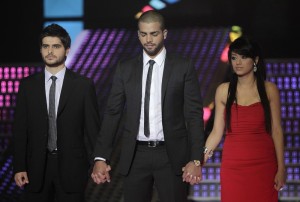 Nassif Zeitoun picture standing with Rahma from Iraw and Mohamad Ramadan from Jordan waiting for the final announcement of the winner 3