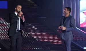 pictrure of the Star Academy 7 prime 16th finale during the performance of singer Wael Kfoury on stage with student Mohamad Ramadan