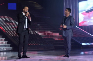 pictrure of the Star Academy 7 prime 16th finale during the performance of singer Wael Kfoury on stage with jordanian student Mohamad Ramadan