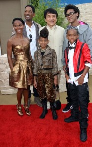 Jackie Chan and Will Smith with his wife Jada Pinkett Smith and children Jaden Smith and Willow at the Karate Kid LA premiere held on June 7th 2010 at the Mann Village Theatre 1