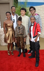 Jackie Chan and Will Smith with his wife Jada Pinkett Smith and children Jaden Smith and Willow at the Karate Kid LA premiere held on June 7th 2010 at the Mann Village Theatre 2