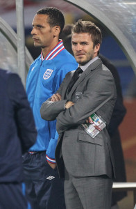 David Beckham on the bench of the England team during England vs USA football world cup match on June 12th 2010 in South Africa 2