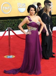 Kim Kardashian photo on January 30th 2011 at the red carpet of the 17th Annual SAGA Screen Actors Guild Awards wearing a long violet one shouldered dress dress 5