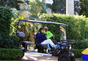 Thalia picture with husband Tommy Mottola and daughter Sabrina Sakaa in a Golf car  on April 5th 2010 in Miami Florida 5