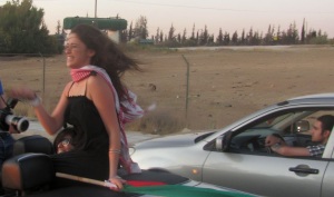 Layan Bazlamit picture on July 3rd 2011 as she arrives to Amman airport in Jordan at the top of a car