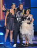 Nelly Furtado with Rapper Residente and singer Amandititita speak onstage at the MTV 2009 Latin America Awards