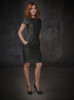 Alyson Hannigan photoshoot for  HOW I MET YOUR MOTHER TV comedy show wearing a green stylish dress